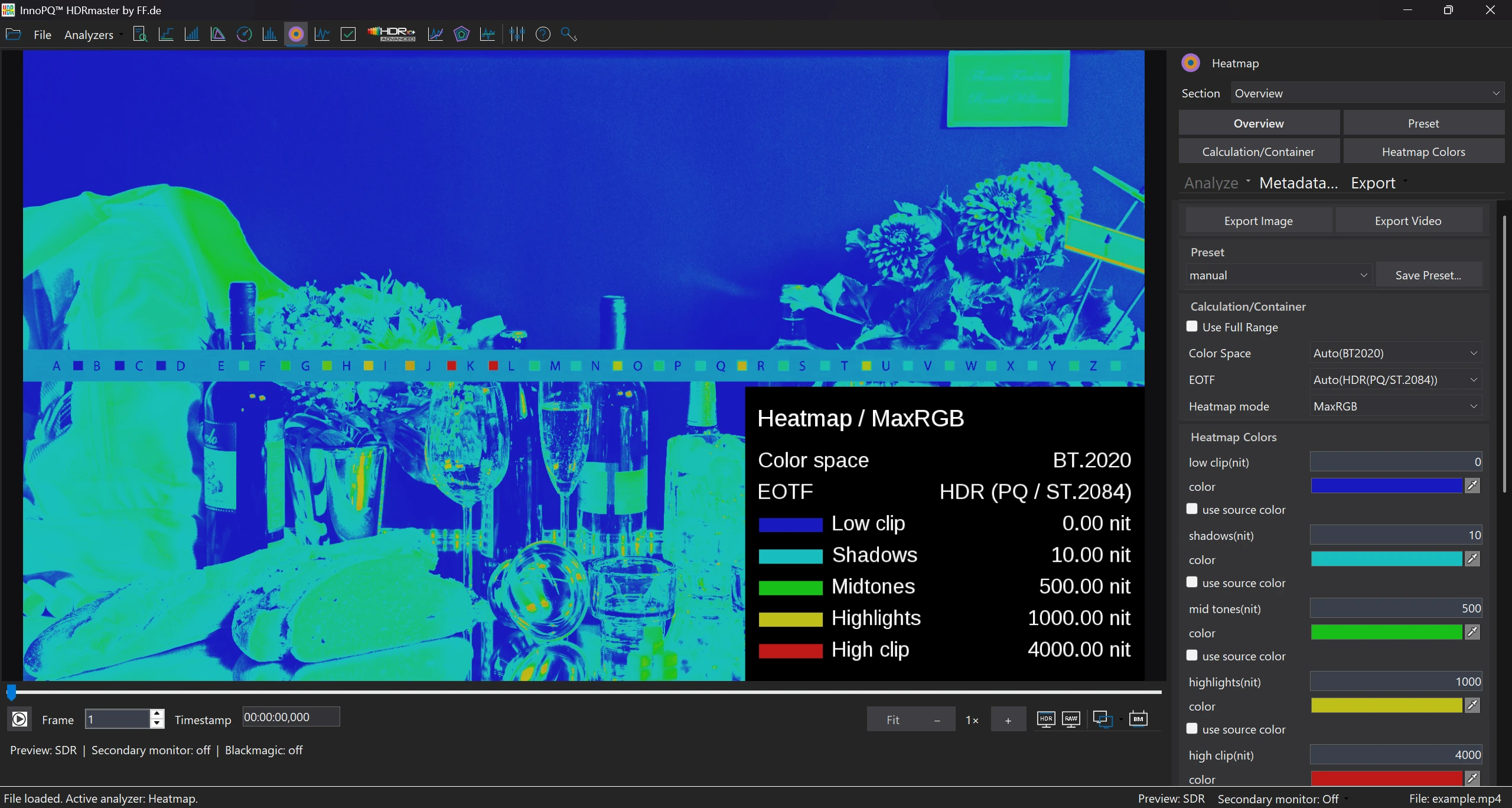 HDRmaster MaxRGB heatmap with colour-coded signal levels and adjustable thresholds